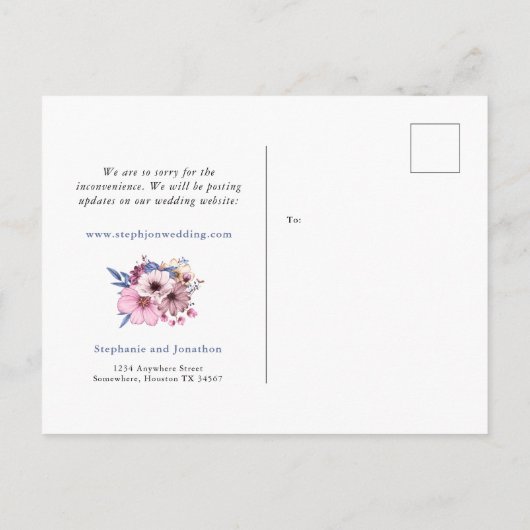 Besmettelijke Liefde Bruiloft Uitgesteld COVID Blo Aankondigingskaart (Achterkant)