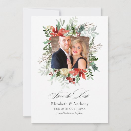 Besneeid rustiek dennen- en sparrenwinter-huwelijk save the date (Voorkant)