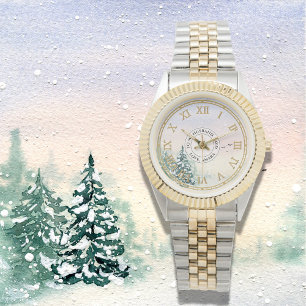 Besneeide Winter Bosklok - Gouden Romeinse Cijfers Horloge