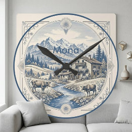 Besneeuwd Alpen Blauw Berglandschap Rustieke Chale Ronde Klok