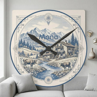 Besneeuwd Alpen Blauw Berglandschap Rustieke Chale Ronde Klok