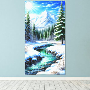 Besneeuwd Alpen dal met zonovergoten rivier Canvas Afdruk