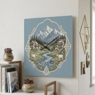 Besneeuwd Alpenberglandschap Rustieke Chalet Blauw Vierkante Klok