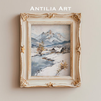 besneeuwd bergcabinelandschap poster