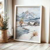 besneeuwd bergcabinelandschap poster