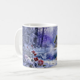 Besneeuwd betoverd boshuisje met brug en gloed koffiemok