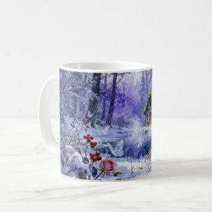 Besneeuwd betoverd boshuisje met brug en gloed koffiemok