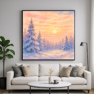 Besneeuwd bos bij zonsondergang - Watercolor stijl Poster