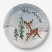 Besneeuwd bos met een baby hert papieren bordje (Voorkant)