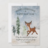 Besneeuwd bos met een baby herten kerst kaart (Voorkant)