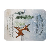 Besneeuwd bos met een baby herten kerst magneet (Horizontaal)