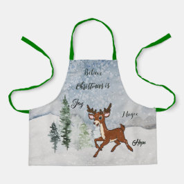 Besneeuwd bos met een baby herten kerst schort