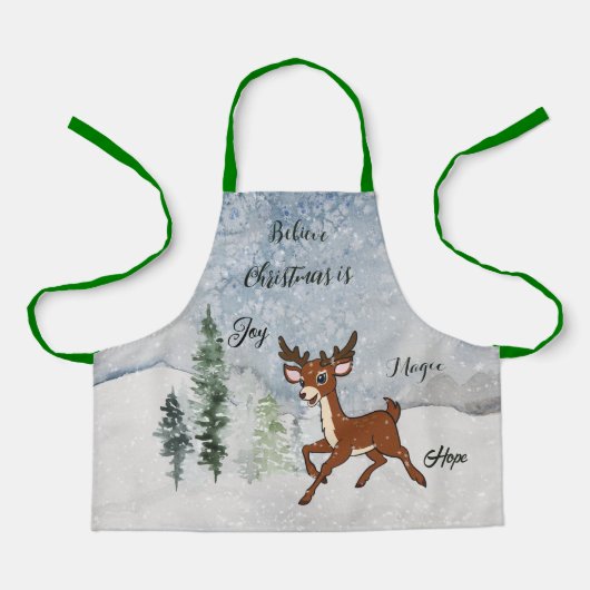 Besneeuwd bos met een baby herten kerst schort (Voorkant)
