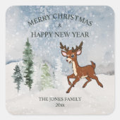 Besneeuwd bos met een baby herten kerst vierkante sticker (Voorkant)