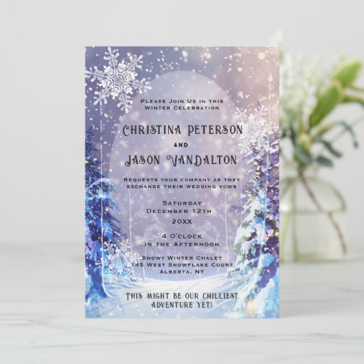 besneeuwd bos | Winter bruiloft uitnodiging (Staand voorkant)