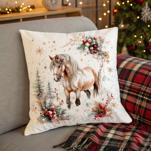Besneeuwd bos winterpaard kussen (Snowy Forest Winter Horse Throw Pillow)