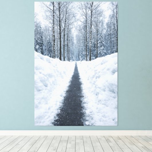 Besneeuwd bospad op canvas in de winter afdruk (Insitu (Houten vloer))
