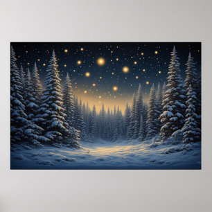 Besneeuwd dennenbos onder een sterrenhemel ✨ Knus Poster