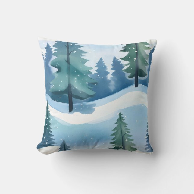 Besneeuwd dennenbos | Winter aquarel Kussen (Voorkant)