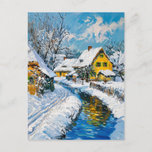 Besneeuwd dorp met stroom en bomen Fantasie Schild Briefkaart