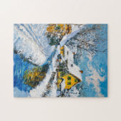 Besneeuwd dorp met stroom en bomen Fantasie Schild Legpuzzel (Horizontaal)