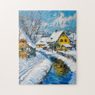 Besneeuwd dorp met stroom en bomen Fantasie Schild Legpuzzel