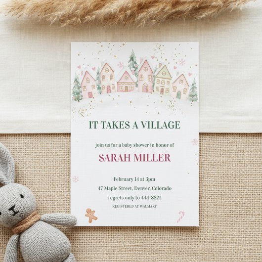 Besneeuwd dorpswinter babyshower kaart
