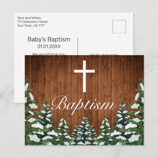 Besneeuwd Hout & Bos Land Pijnboom Baby Doop Aankondigingskaart (Voorkant / Achterkant)