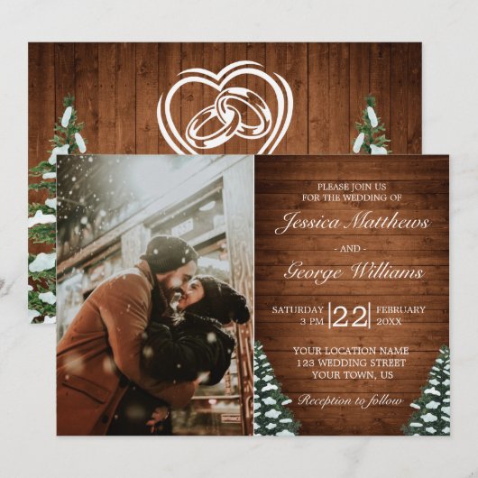 Besneeuwd Hout & Bos Pine Bruiloft Foto Uitnodigin Kaart (Voorkant / Achterkant)