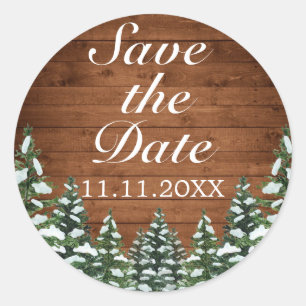 Besneeuwd Hout & Bosland Save the Date Bruiloft Ronde Sticker