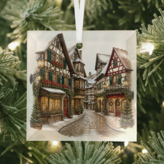 Besneeuwd Kerst Dorpsplein Glas Ornament