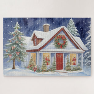 Besneeuwd Kersthuis Winter Schilderij Waterverf Legpuzzel