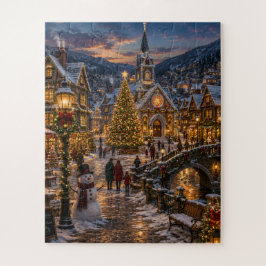 Besneeuwd Kerstmisdorp bij schemering Legpuzzel