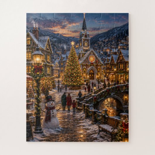 Besneeuwd Kerstmisdorp bij schemering Legpuzzel (Verticaal)