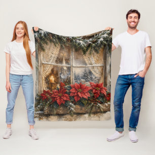 Besneeuwd Kerstmisraam met Poinsettia Fleece Deken