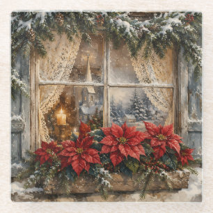 Besneeuwd Kerstmisraam met Poinsettia Glazen Onderzetter