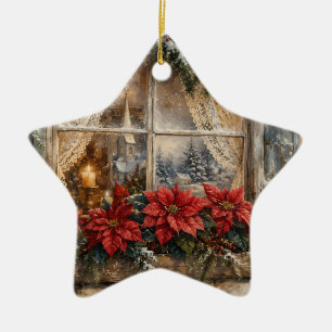 Besneeuwd Kerstmisraam met Poinsettia Keramisch Ornament