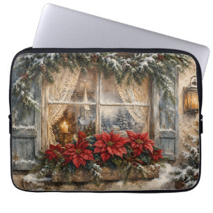 Besneeuwd Kerstmisraam met Poinsettia Laptop Sleeve