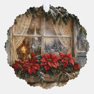 Besneeuwd Kerstmisraam met Poinsettia Ornament Kaart