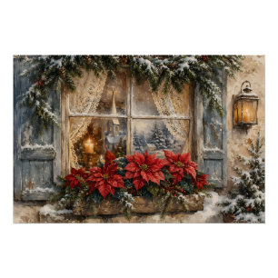Besneeuwd Kerstmisraam met Poinsettia Perfect Poster