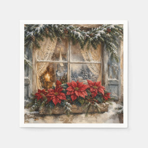 Besneeuwd Kerstmisraam met Poinsettia Servet