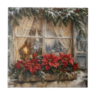 Besneeuwd Kerstmisraam met Poinsettia Tegeltje
