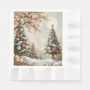 Besneeuwd landschap met kerstbomen en roze rozen servet