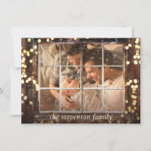 Besneeuwd raam | Gouden Bokeh-lichten met houten f Feestdagenkaart (Voorkant)