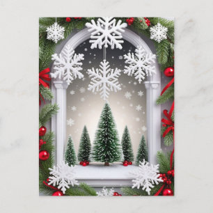 Besneeuwd raam Kerstdennen Rood Decoratie Briefkaart