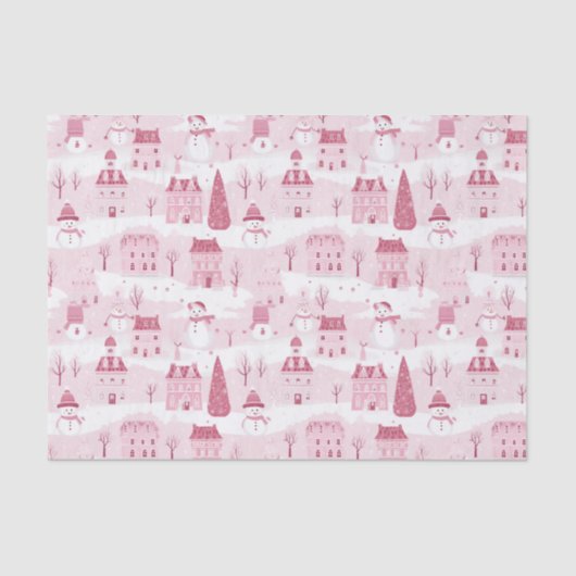 Besneeuwd Roze Kerst Dorp Tissuepapier (Voorkant)