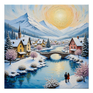 Besneeuwd winterdorp onder gouden zon perfect poster