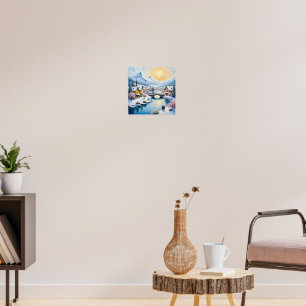 Besneeuwd winterdorp onder gouden zon poster