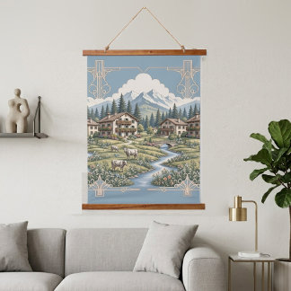 Besneeuwde Alpen Wolken Dennenbomen Landelijk Weil Hangend Wandkleed