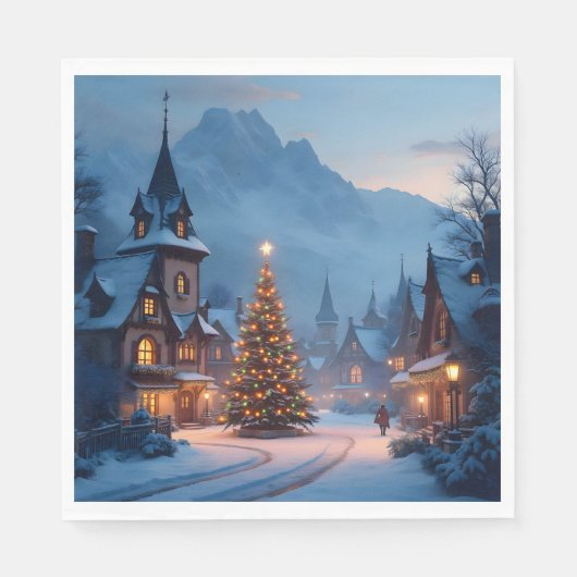Besneeuwde avond op het plein – Kerstdorpsscene Servet (Voorkant)